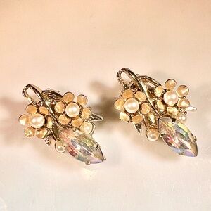 Vintage Estate Faux Pearl Aurora Borealis Rhinestone Leaf Floral Clip Earrings